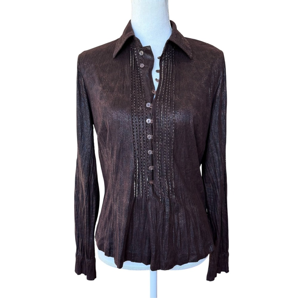 Alberto Makali Brown Metallic Crinkle Pintuck Button Front Blouse Medium